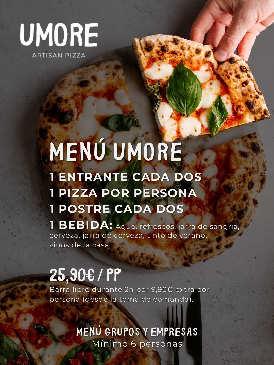 Pizza Umore servida para compartir en grupo
